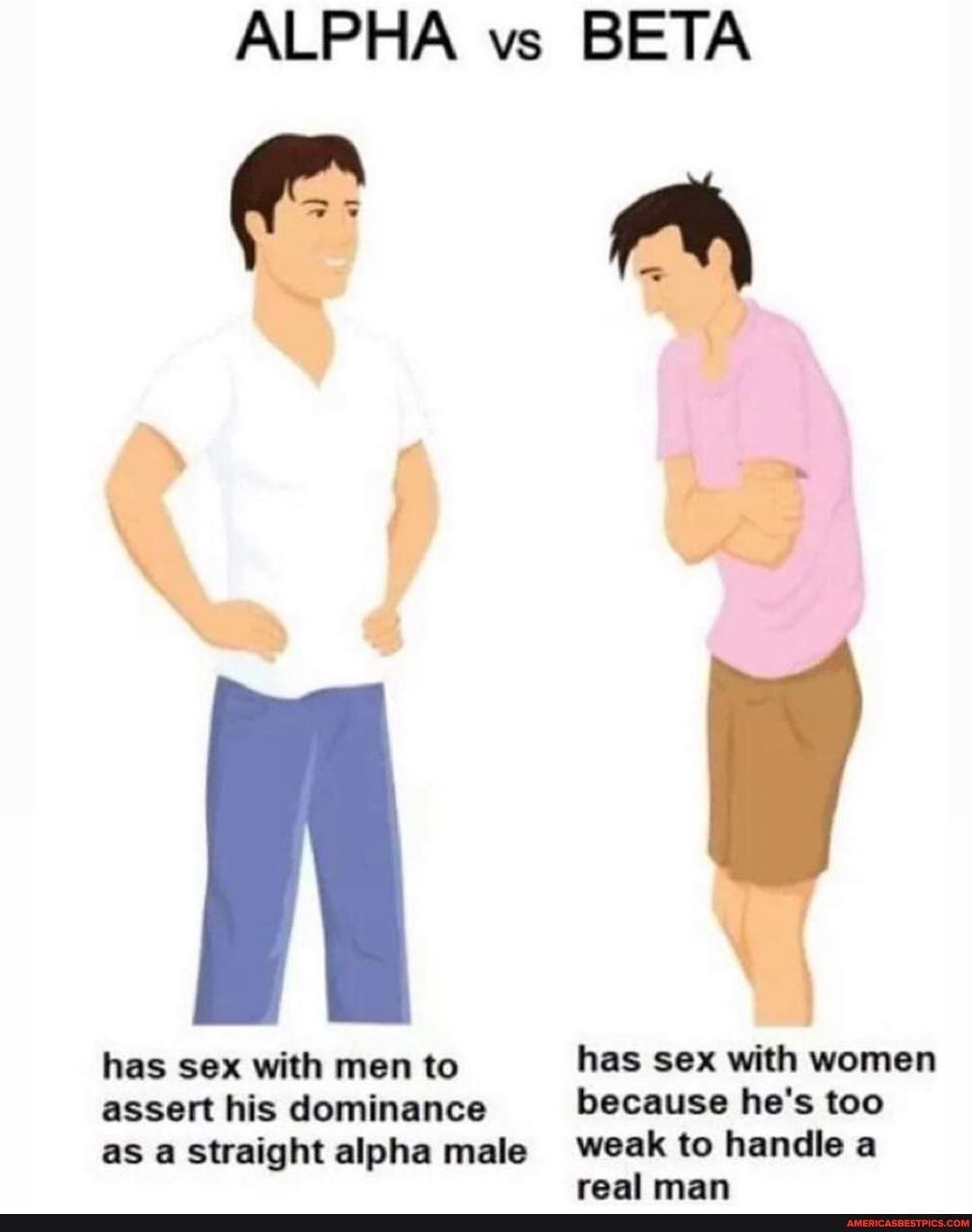 ALPHA vs BETA
has sex with men to has sex with women
assert his dominance because he's too
as a straight alpha male weak to handle a real man