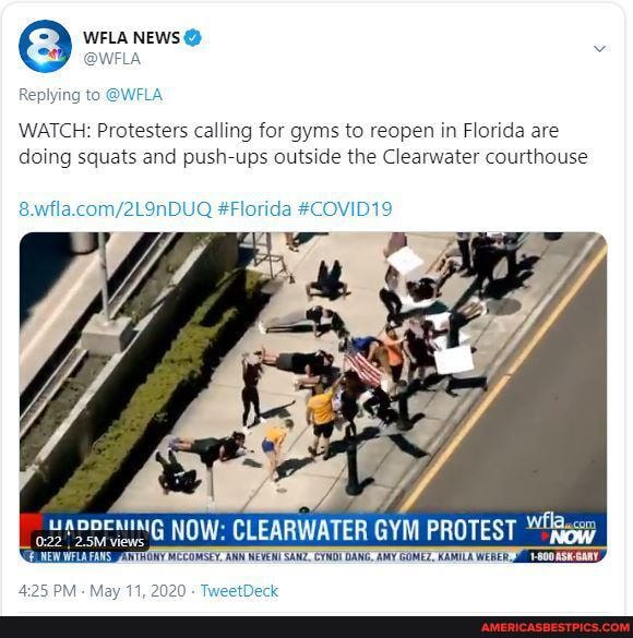 WATCH: Protesters calling for gyms to reopen in Florida are doing squats and push-ups outside the Clearwater courthouse
8.wila.com/: #Florida #COVID19
NOW: CLEARWATER EROTEST
2.5M views