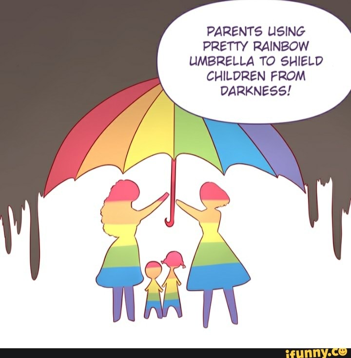 PARENTS USING PRETTY RAINBOW UMBRELLA TO SHIELD CHILDREN FROM DARKNESS