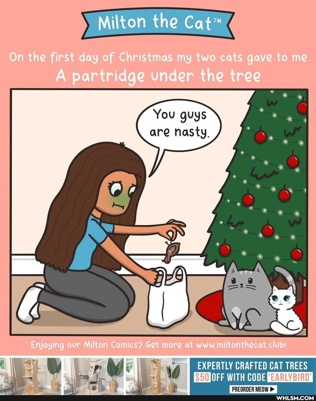 Milton the
On the first day of Christmas my two cats gave to me
A partridge under the tree
You guys are nasty,
Enjoying our ton Comes? Get more at www miltonthecat clubl
EXPERTLY CRAFTED CAT TREES CODE