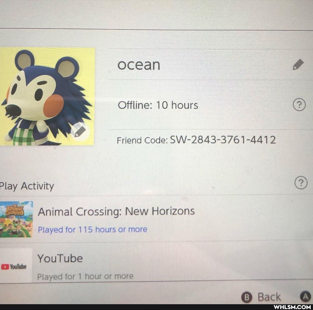 ocean
Offline: 10 hours
Friend Code: SW-2843-3761-4412
Mm
Play Activity
Animal Crossing: New Horizons
Played for 115 hours or more
YouTube
Played for 1 hour or more