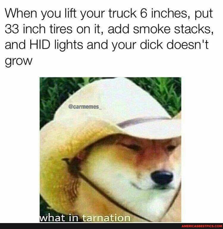 When you lift your truck 6 inches, put
33 inch tires on it, add smoke stacks, and HID lights and your dick doesn't
grow
@carmemes_