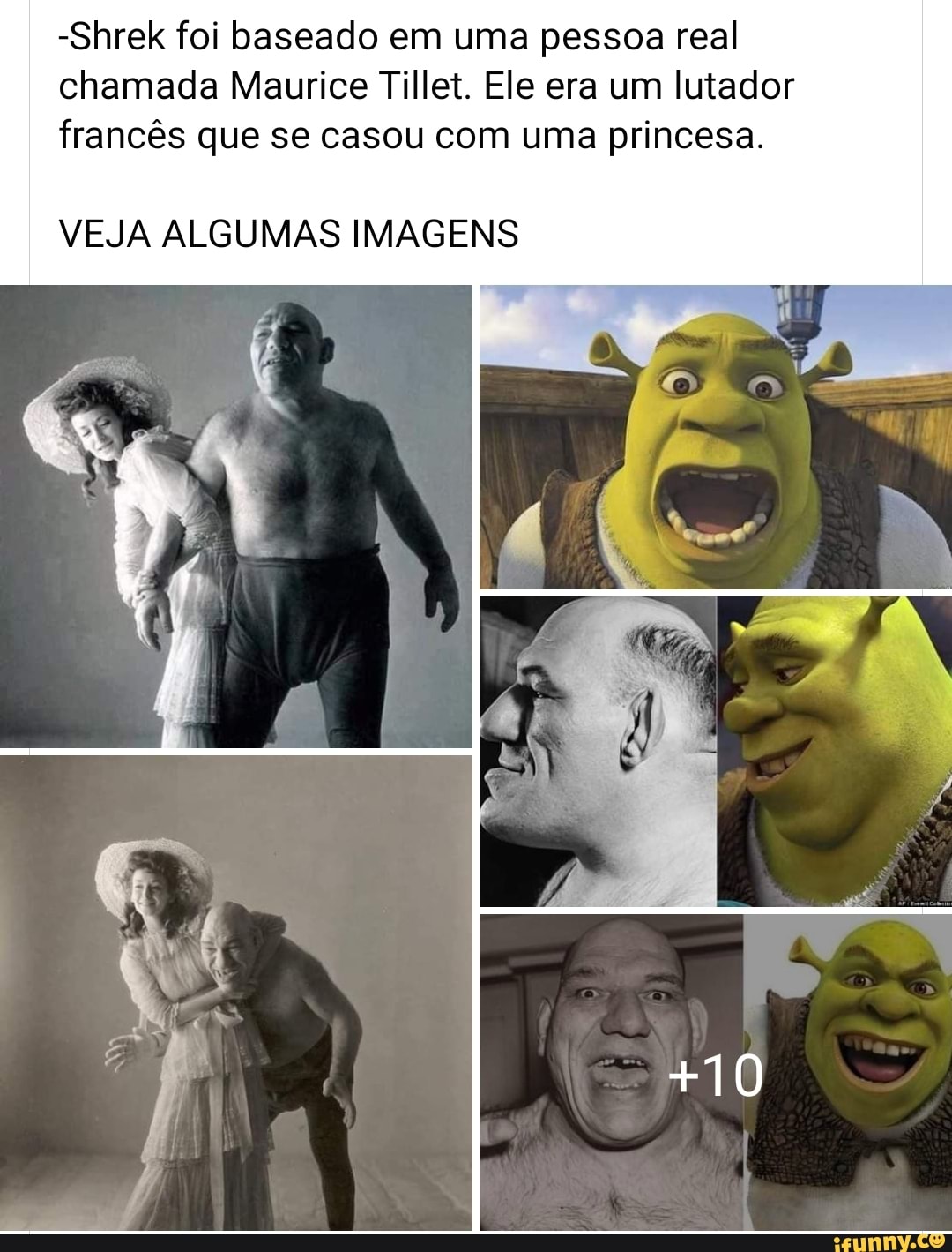 -Shrek foi baseado em uma pessoa real chamada Maurice Tillet. Ele era um lutador francês que se casou com uma princesa.
VEJA ALGUMAS IMAGENS