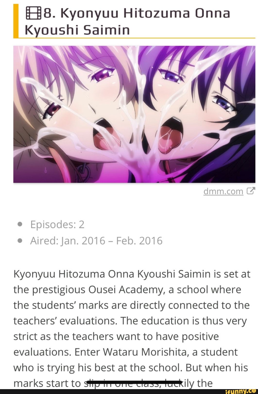 88. Kyonyuu Hitozuma Onna Kyoushi Saimin Episodes: 2 Aired: Jan. 2016 Feb.  2016 Kyonyuu Hitozuma Onna