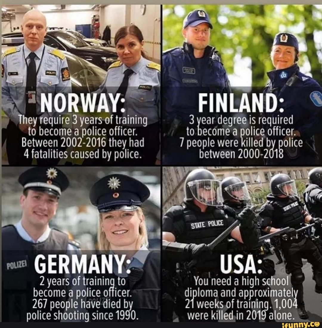 FINLAND: hey fequire 3 years of training 3 o degree is required
to become a police officer. to become a police officer.
Between 2002-2016 they had 7 people were killed b re
4 fatalities caused by police.