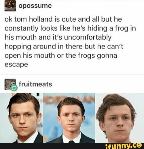 ok tom holland is cute and all but he constantly looks like he's hiding a frog in his mouth and it's uncomfortably hopping around in there but he can't open his mouth or the frogs gonna escape
fruitmeats
all