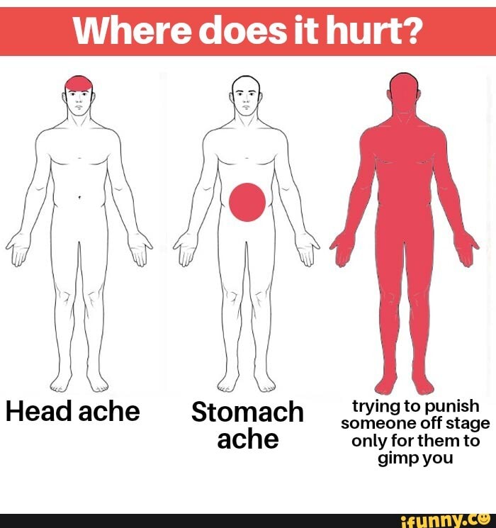 Where does it hurt?
trying to punish someone off stage only for them to
Head ache Stomach ache
gimp you