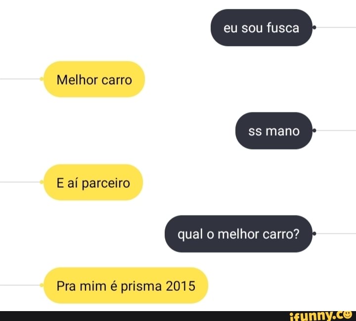 eu sou fusca
Melhor carro
ss mano
E ai parceiro
qual o melhor carro?
Pra mim é prisma 2015
