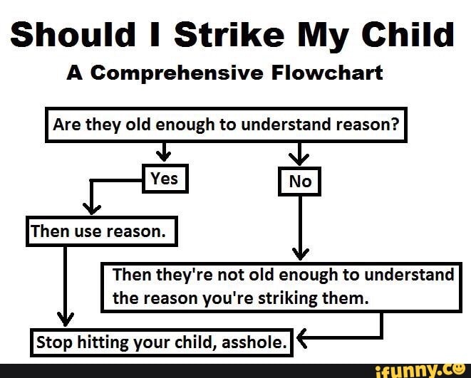 Should I Strike My Child Flowchart: Are they old enough to understand reason?  Yes?  Use reason.  No?  Then they're not old enough to understand reason you're striking them.  Stop hitting your child, asshole.