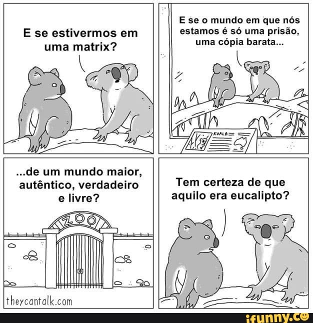 E se estivermos em uma matrix?
E se o mundo em que nós estamos é só uma prisão, uma cópia barata...
de um mundo maior, autêntico, verdadeiro
e livre? cs
Ps
Tem certeza de que aquilo era eucalipto?