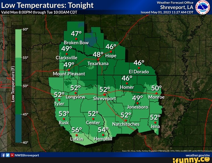 Low Temperatures Tonight Valid Mon through Tue CDT NwWsshreveport