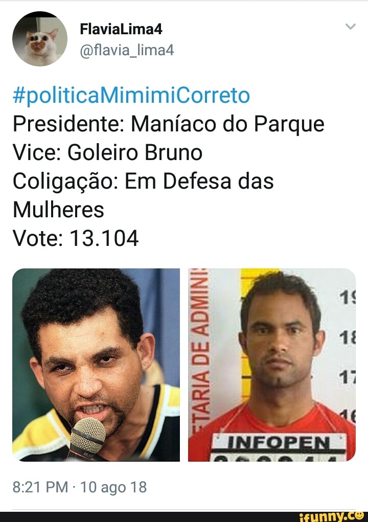 Presidente: Maniaco do Parque
Vice: Goleiro Bruno
Coligação: Em Defesa das
Mulheres
Vote: 13.104