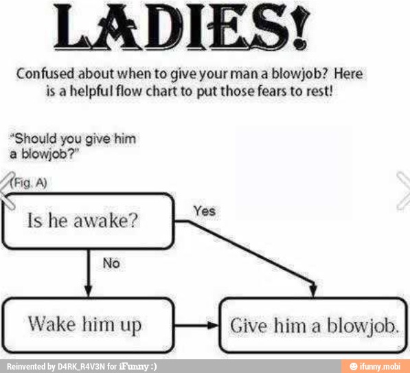 LADIES!
Confused about when to give your man a blowjob? Here
is a helpful flow chart to put those fears to rest!
"Should you give him
a blowjob?"
e
Yes
Is he awake?
Give him a blowjob.