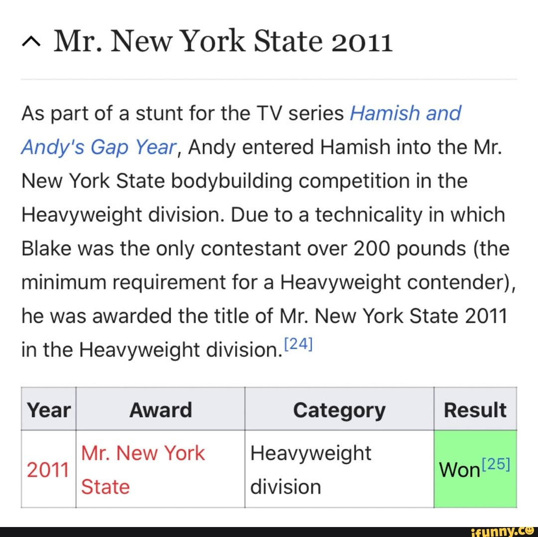 A
Mr. New York State 2011
As part of a stunt for the TV series Hamish and
Andy's Gap Year, Andy entered Hamish into the Mr.
New York State bodybuilding competition in the
Heavyweight division. Due to a technicality in which
Blake was the only contestant over 200 pounds (the
minimum requirement for a Heavyweight contender),
he was awarded the title of Mr. New York State 2011
in the Heavyweight division. !2!
Year Award Category TL
Mr. New York Heavyweight
JON
o
a
State division
1