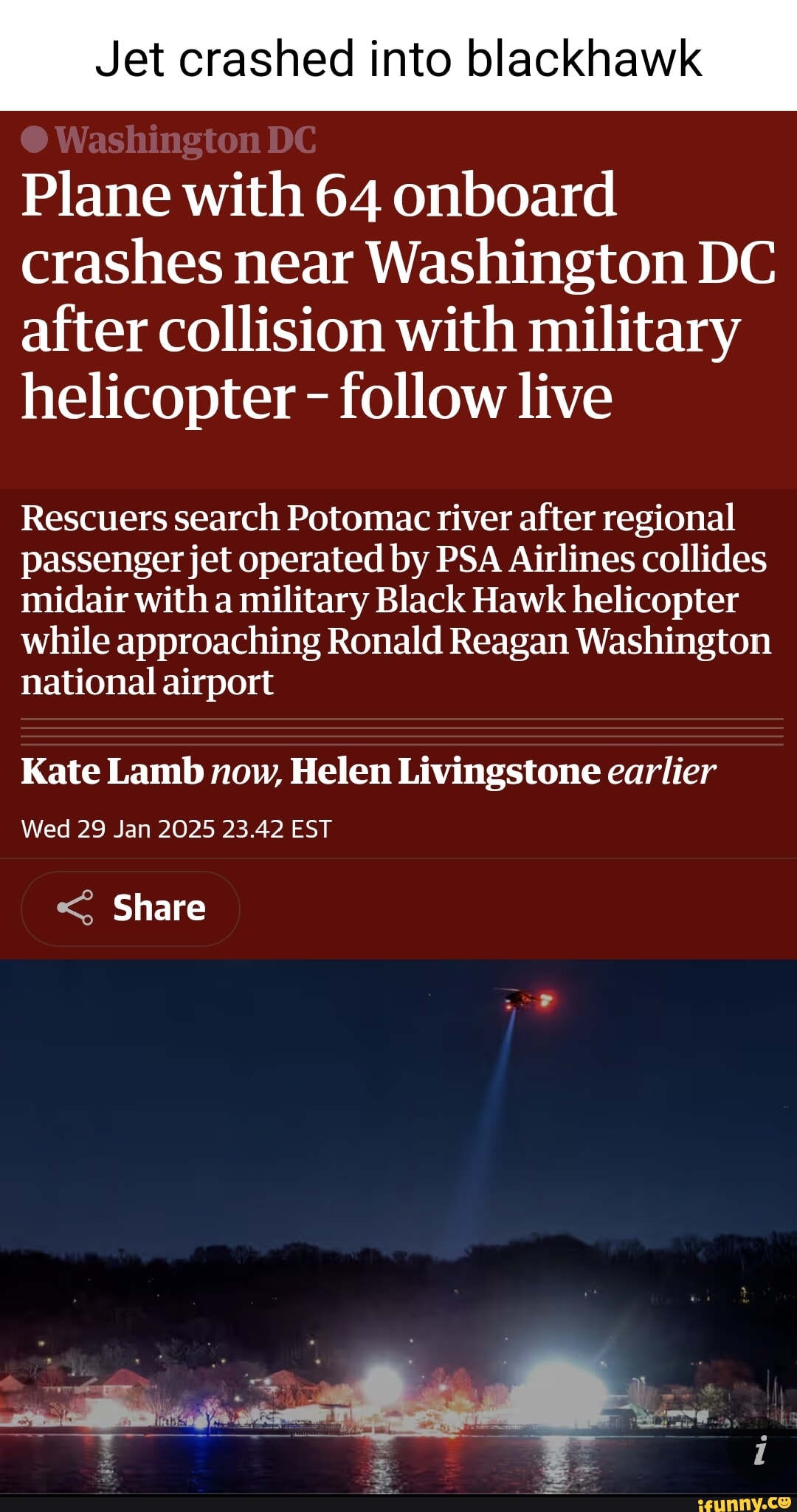 Jet crashed into blackhawk IDC Plane with 64 onboard crashes near ...