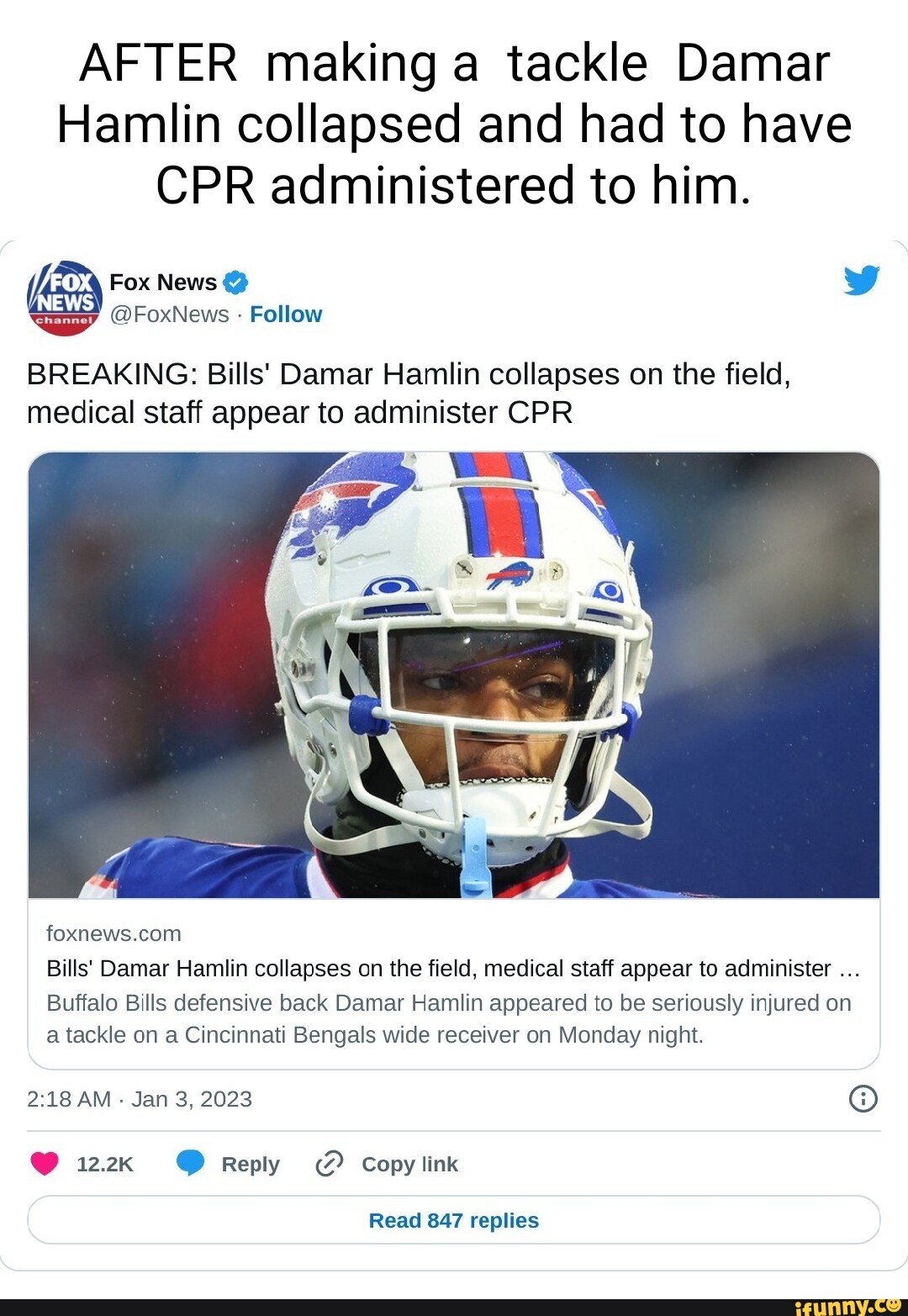 Bills' Damar Hamlin Passes Out On Field After Making Tackle And Doctors Are  Giving Him CPR - Daily Snark