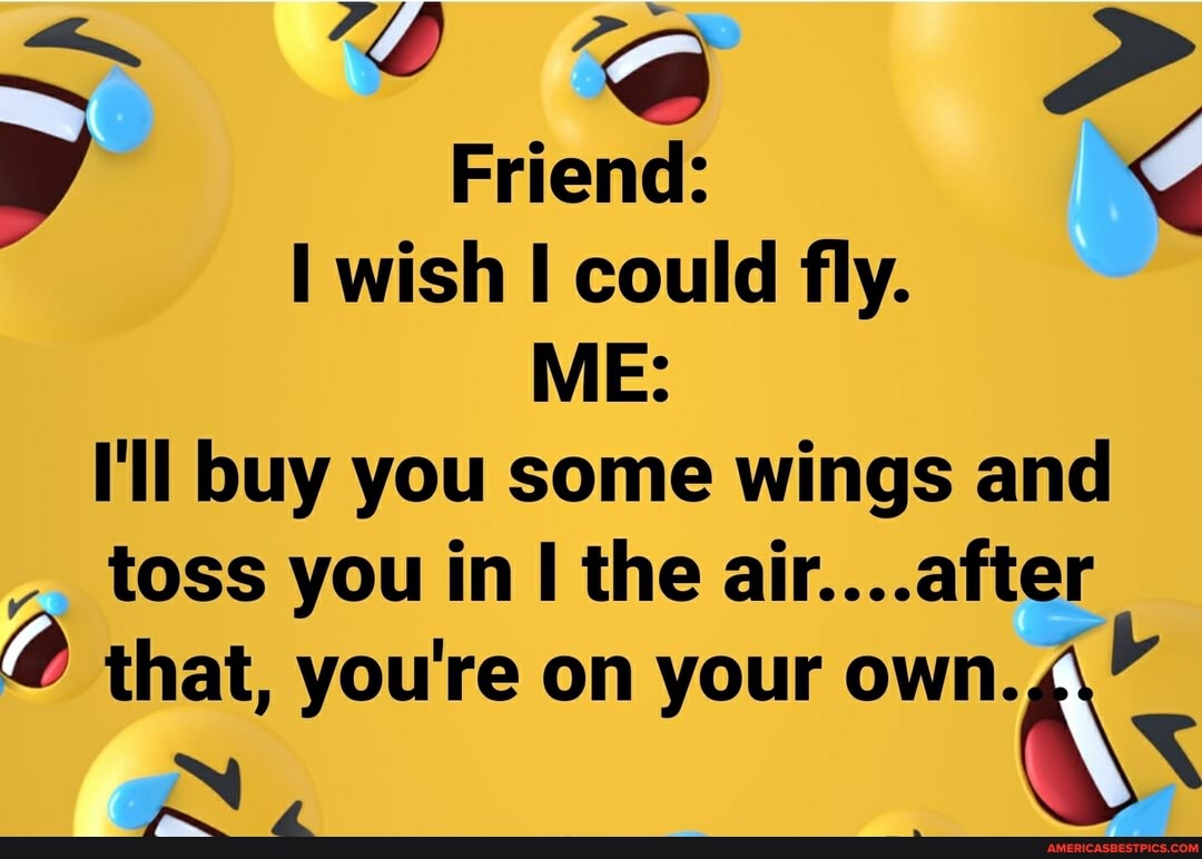aa A Friend: wish could fly.
ME:
I'll buy you some wings and toss you in the air....aft
that, you're on your own.
AN