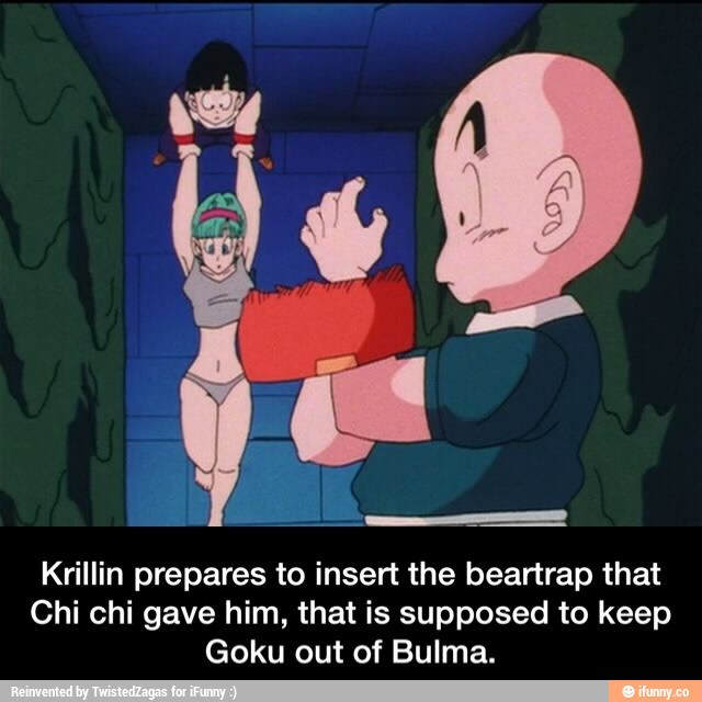 Krillin prepares to insert the beartrap that Chi chi gave him, that is supp...