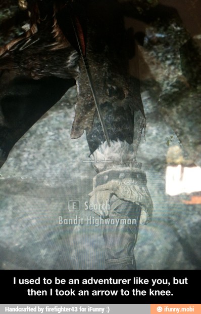 I used to be an adventurer like you, but
then I took an arrow to the knee. - I used to be an adventurer like you, but then I took an arrow to the knee.