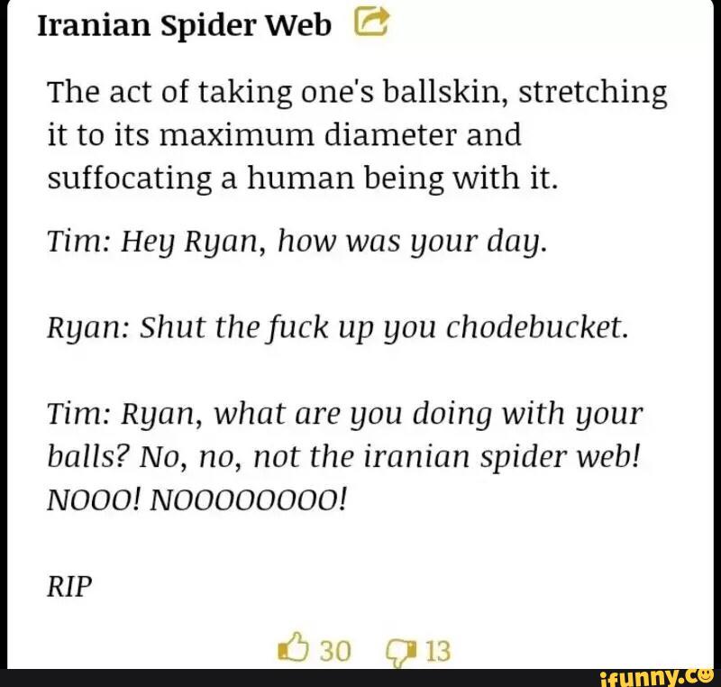 Iranian Spider Web
The act of taking one's ballskin, stretching
it to its maximum diameter and
suffocating a human being with it.
Tim: Hey Ryan, how was your day.
Ryan: Shut thefuck up you Chodebucket.
Tim: Ryan, what are you doing with your
balls? No, no, not the iranian spider web!
N000! NOOOOOOOO!
