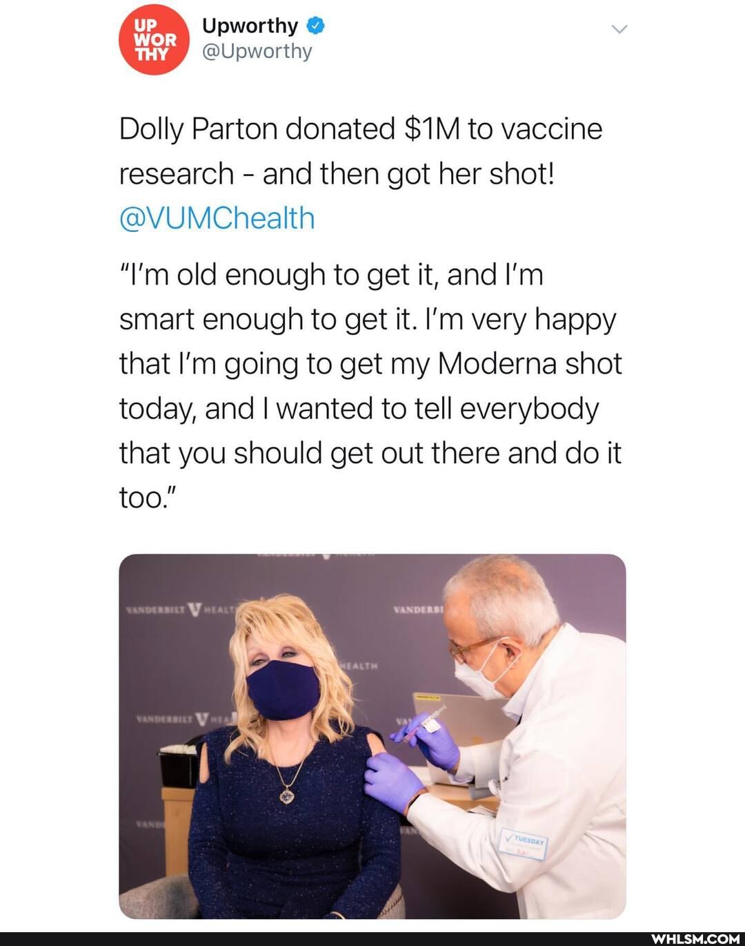 Upworthy
Dolly Parton donated to vaccine research - and then got her shot!
@VUMChealth
"I'm old enough to get it, and I'm smart enough to get it. I'm very happy that I'm going to get my Moderna shot today, and I wanted to tell everybody that you should get out there and do it too