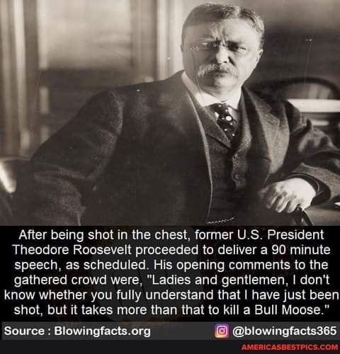 After being shot in the chest, former US President
Theodore Roosevelt proceeded to deliver a 90 minute speech, as scheduled. His opening comments to the gathered crowd were, "Ladies and gentlemen, I don't
know whether you fully understand that I have just been shot, but it takes more than that to kill a Bull Moose."
@blowingfacts365
Source :