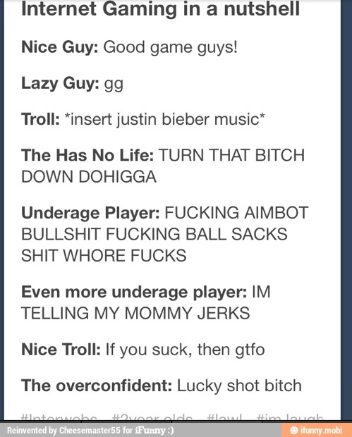 Internet Gaming in a nutshell
Nice Guy: Good game guys!
Lazy Guy: gg
Troll: *insert justin bieber music*
The Has No Life: TURN THAT BITCH
DOWN DOHIGGA
Underage Player: FUCKING AIMBOT
BULLSHIT FUCKING BALL SACKS
SHIT WHORE FUCKS
Even more underage player: IM
TELLING MY MOMMY JERKS
Nice Troll: If you suck, then gtfo
The overconfident: Lucky shot bitch