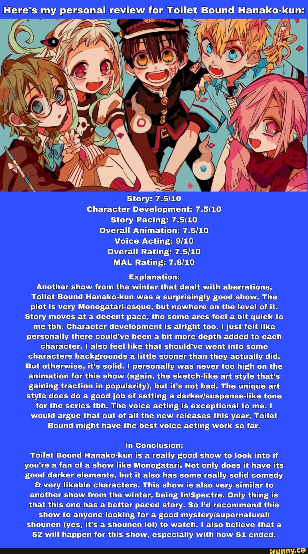 Here S My Personal Review For Toilet Bound Hanako Kun Story 7 5 10 Character Development 7 5 10