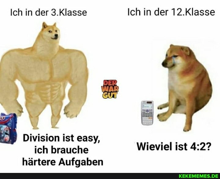 Ich in der 3.Klasse Ich in der 12.Klasse
Division ist easy, ich brauche Wieviel ist
härtere Aufgaben