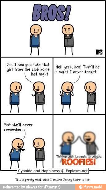 Yo, T saw you take that
girl from the club home
o might.
Hell yeah, bro! That'll be
a night Y never forget.
"ROOFIES!
[Cyanide and Happiness
Explosm.netI
This pretty much what T assume Jersey Share is ihe
