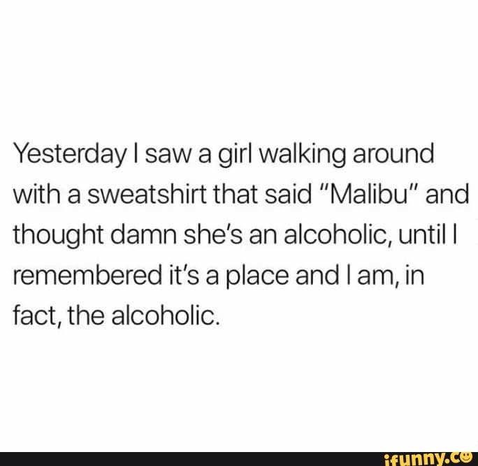 Yesterday I saw a girl walking around
with a sweatshirt that said "Malibu" and
thought damn she's an alcoholic, until I
remembered it's a place and I am, in
fact, the alcoholic.