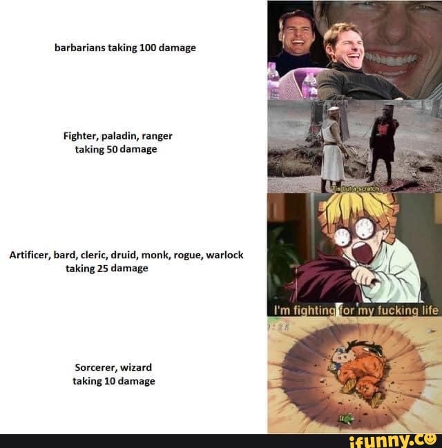 barbarians taking 100 damage
Fighter, paladin, ranger taking damage
Artificer, bard, cleric, druid, monk, rogue, warlock taking 25 damage
my lite
Sorcerer, wizard taking 10 damage