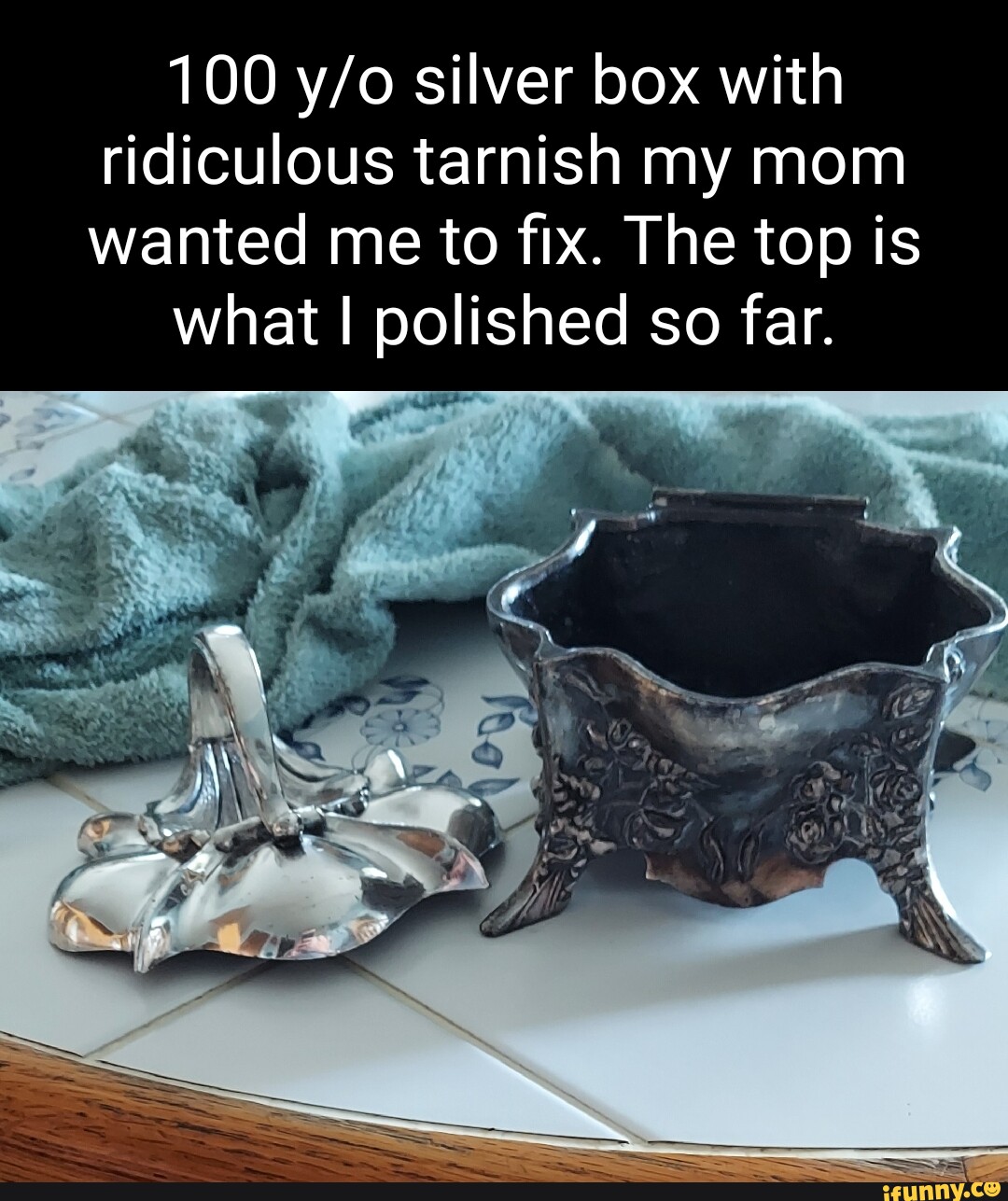 100 silver box with ridiculous tarnish my mom wanted me to fix. The top