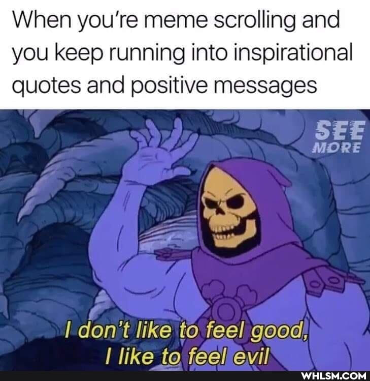 When you're meme scrolling and you keep running into inspirational
quotes and positive messages
SEE
don't like to feel good,
lika tn fool avil