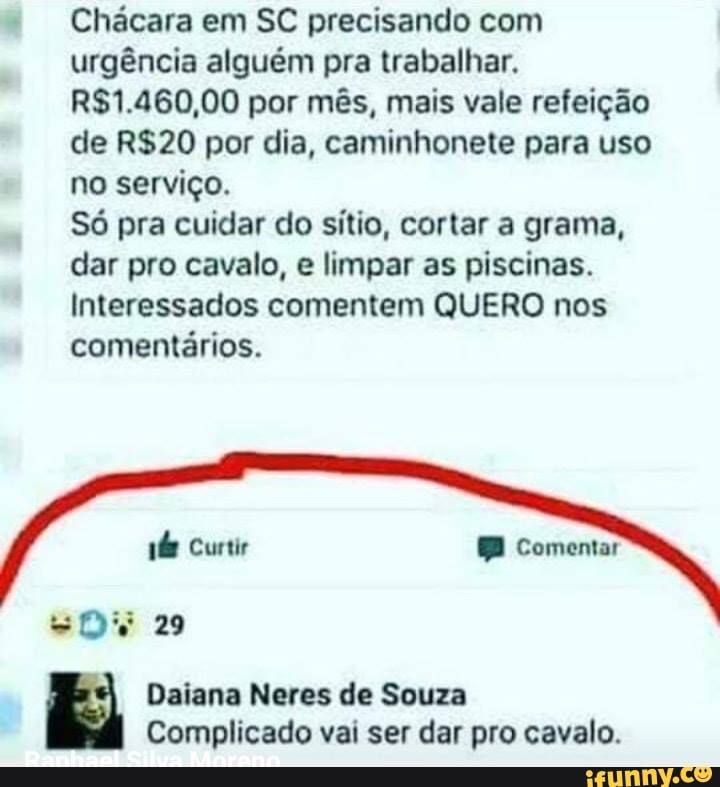 Chácara em SC precisando com
urgência alguém pra trabalhar.
R$1.460,00 por mês, mais vale refeição
de R$20 por dia, caminhonete para uso
[alo RESISTA o[o
Só pra cuidar do sítio, cortar a grama,
dar pro cavalo, e limpar as piscinas.
Interessados comentem QUERO nos
comentários.
Daiana Neres de Souza
8 Complicado vai ser dar pro cavalo.