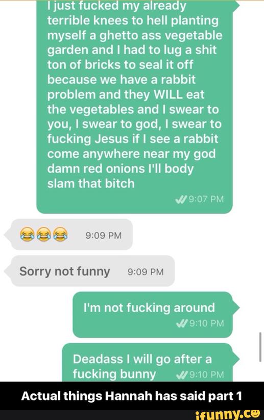 Ijust fucked my already
terrible knees to hell planting
myself a ghetto ass vegetable
garden and I had to lug a shit
ton of bricks to seal it off
because we have a rabbit
problem and they WILL eat
the vegetables and I swear to
you, I swear to god, I swear to
fucking Jesus if I see a rabbit
come anywhere near my god
damn red onions I'II body
slam that bitch
Sorry not funny 9:09 PM
I'm not fucking around
{/9 10 PM
Deadass I will go after a
fucking bunny wa m PM
Actual things Hannah has said part 1 - Actual things Hannah has said part 1