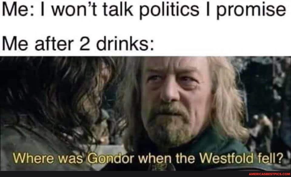 Me: I won't talk politics I promise
Me after 2 drinks:
Where was Gondor when the Westfold fell?
