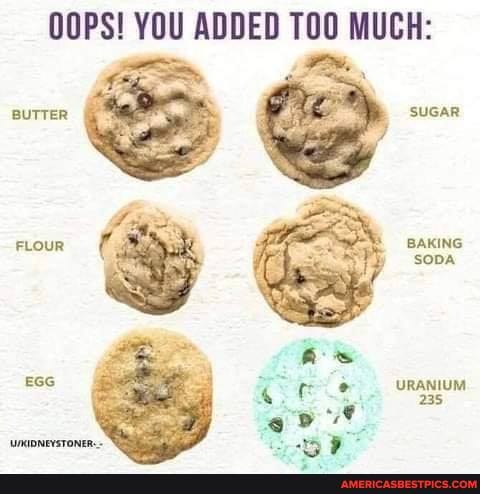 OOPS! YOU ADDED TOO MUCH:
BUTTER SUGAR FLOUR BAKING SODA EGG URANIUM
235