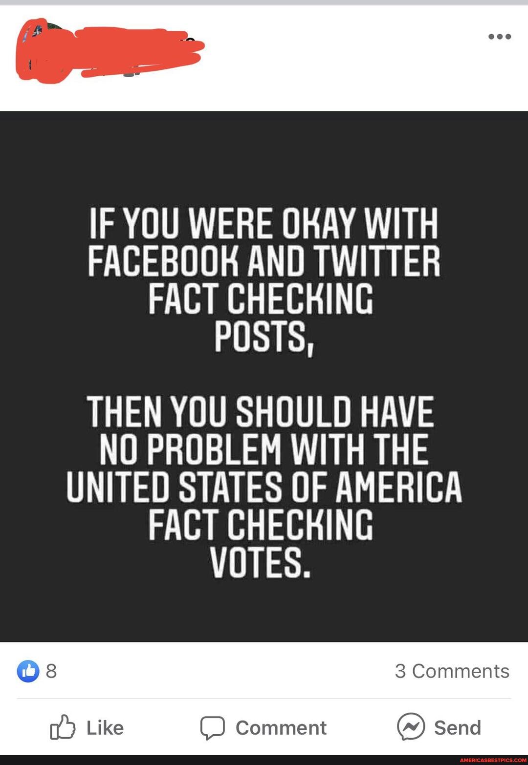 IF YOU WERE OHAY WITH FACEBOOK AND TWITTER FACT CHECHING
THEN YOU SHOULD HAVE NO PROBLEM WITH THE
UNITED STATES OF AMERICA FACT CHECHING VOTES.
Comments
Send
Os
Comment