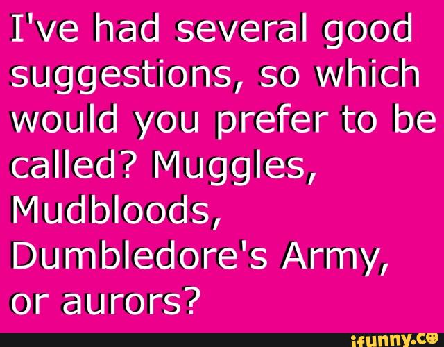 I've had several good
suggestions, so Which
would you prefer to be
called? Muggles,
Mudbloods,
Dumbledore's Army,
or aurors?