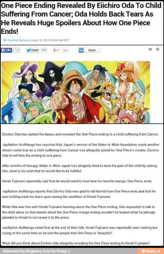 One Piece Ending Revealed By Eiichiro Oda To child Suffering From