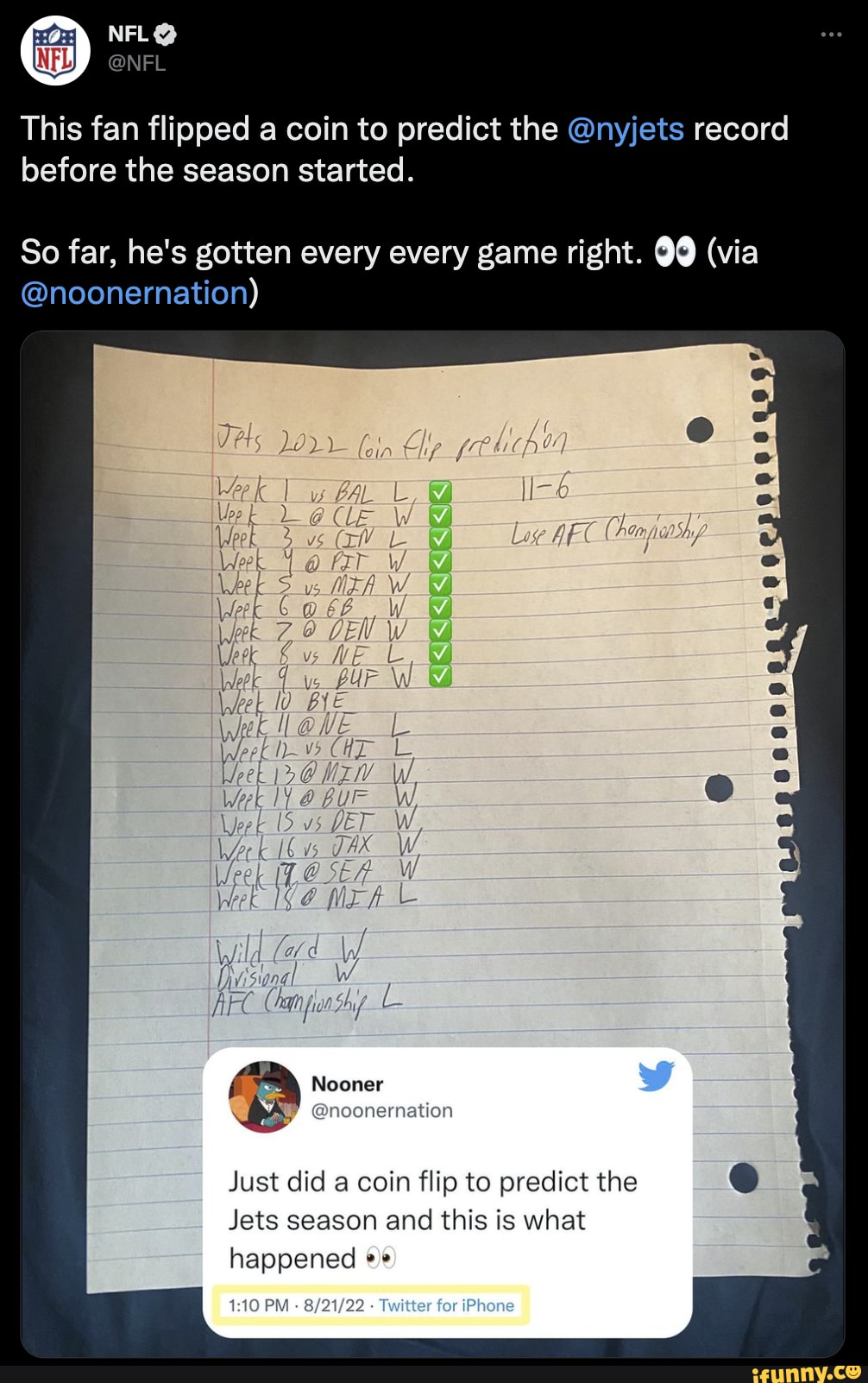 Jets fan goes viral with oracle coin flips that called season