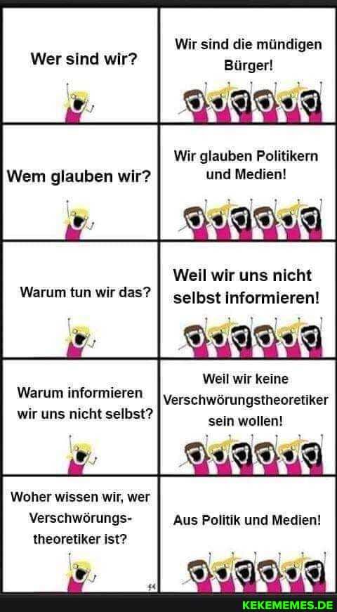 Wir sind die mündigen
Wer sind wir? Bürger!
glauben wir?
Wir glauben Politikern und Medien!
Weil wir uns nicht selbst informieren!
Weil wir keine
Verschwörungstheoretiker sein wollen!
Warum informieren wir uns nicht selbst?
Woher wissen wir, wer
Verschwörungs- Aus Politik und Medien!
theoretiker ist?