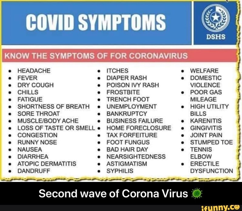 COWID SYMPTOMS
HEADACHE
FEVER
DRY COUGH
FATIGUE
SHORTNESS OF BREATH
SORE THROAT
MUSCLE/BODY ACHE
LOSS OF TASTE OR SMELL
CONGESTION
RUNNY NOSE
NAUSEA
DIARRHEA
ATOPIC DERMATITIS
DANDRUFF
ITCHES
DIAPER RASH
POISON IVY RASH
TRENCH FOOT
UNEMPLOYMENT
BANKRUPTCY
BUSINESS FAILURE
HOME FORECLOSURE
TAX FORFEITURE
FOOT FUNGUS
BAD HAIR DAY
NEARSIGHTEDNESS
ASTIGMATISM
SYPHILIS
VIOLENCE
MILEAGE
HIGH UTILITY
BILLS
KARENITIS
GINGIVITIS
JOINT PAIN
STUMPED TOE
TENNIS
ELBOW
ERECTILE
DYSFUNCTION
WELFARE
I
DOMESTIC
I
t
Second wave of Corona Virus © - Second wave of Corona Virus 🦠