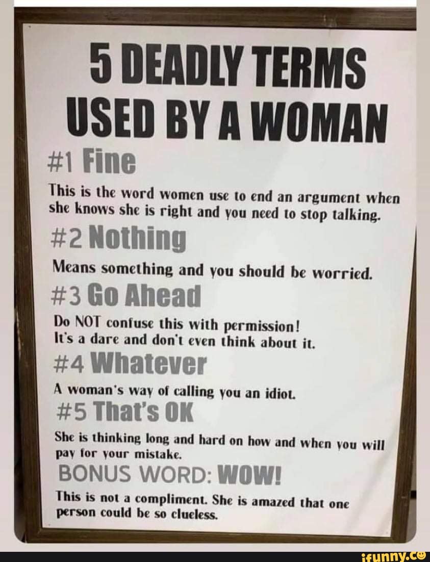 5 Deadly Terms Used By A Woman: 1. Fine: This is the word women