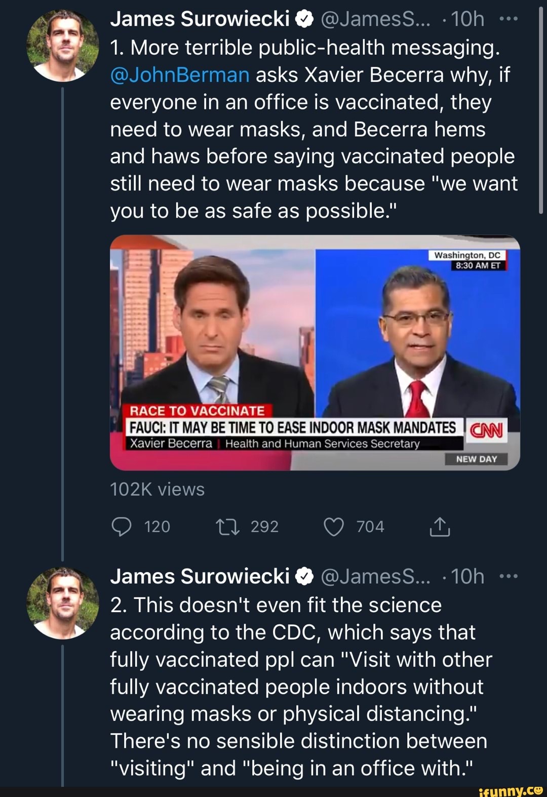 James Surowiecki @ @JamessS...
1. More terrible public-health messaging.
@JohnBerman asks Xavier Becerra why, if everyone in an office is vaccinated, they need to wear masks, and Becerra hems and haws before saying vaccinated people still need to wear masks because "we want you to be as safe as possible."
Washington, DC AM ET
FAUCI: IT MAY BE TIME TO EASE INDOOR MASK MANDATES CNN
__NEW DAY
RACE TO VACCINATE
Xavier Becerra I Health and Human Services Secretary
102K views
120
James Surowiecki @ @JamessS...
2. This doesn't even fit the science according to the CDC, which says that fully vaccinated ppl can "Visit with other fully vaccinated people indoors without wearing masks or physical distancing."
There's no sensible distinction between
"visiting" and "being in an office with."