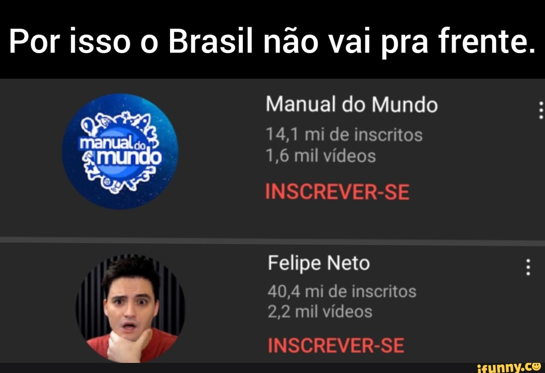 Por isso o Brasil não val pra frente.
manda
mundo
Manual do Mundo
14,1 mi de inscritos
1,6 mil vídeos
INSCREVER SE Felipe Neto
40,4 mi de inscritos
2,2 mil vídeos
NSCR VER SE