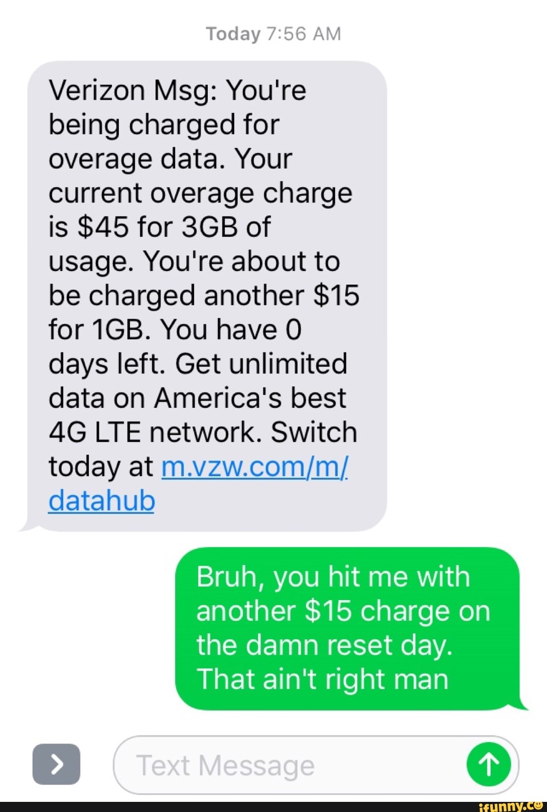 Today Verizon Msg You're being charged for overage data. Your current