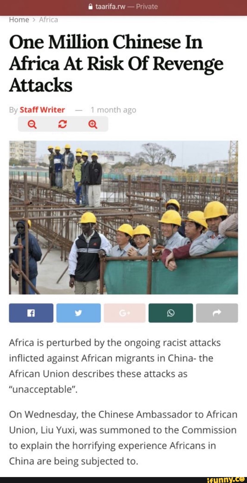 Home frica
One Million Chinese In
Africa At Risk Of Revenge
Attacks
Africa is perturbed by the ongoing racist attacks
inflicted against African migrants in China- the
African Union describes these attacks as
"unacceptable".
On Wednesday, the Chinese Ambassador to African
Union, Liu Yuxi, was summoned to the Commission
to explain the horrifying experience Africans in
China are being subjected to.