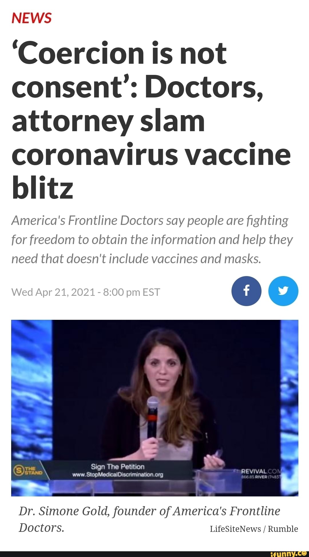 NEWS
'Coercion is not consent': Doctors, attorney slam coronavirus vaccine blitz
America's Frontline Doctors say people are fighting for freedom to obtain the information and help they need that doesn't include vaccines and masks.
Wed Apr 21, 2021 pm EST
Sign The Petition
Dr. Simone Gold, founder of America's Frontline
Doctors. LifeSiteNews / Rumble